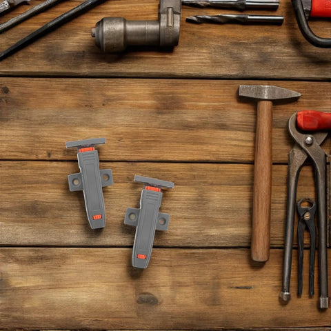 Push To Open Cabinet Latches Two Pack Heavy Duty With Adjustable Rebound Force on wooden surface, surrounded by tools
