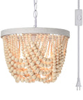 Plug In Wood Beaded Chandelier With 20 Foot Hanging Cord 3 Light Boho Farmhouse Ceiling Fixture For Bedrooms Rustic White Metal Finish Pendant Light Home Decor