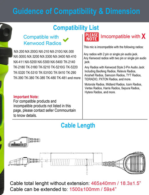 Compatibility list for Top Notch Shoulder Microphone For Kenwood Radios, compatible models, and cable length diagram.