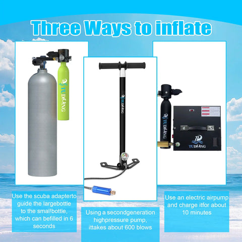 Three inflation methods for 0.5L Portable Scuba Tank With Pump Kit For Casual Divers, including manual and electric options.