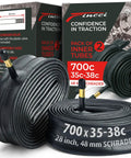 Two Pack 700c Inner Tubes 35 38c ISO 622 With 48mm Schrader Valve Butyl Rubber For Gravel Road Urban Touring Hybrid And E Bikes In 28 Inch Size Durable And Ready For Quick Replacements On Your Daily Rides with packaging