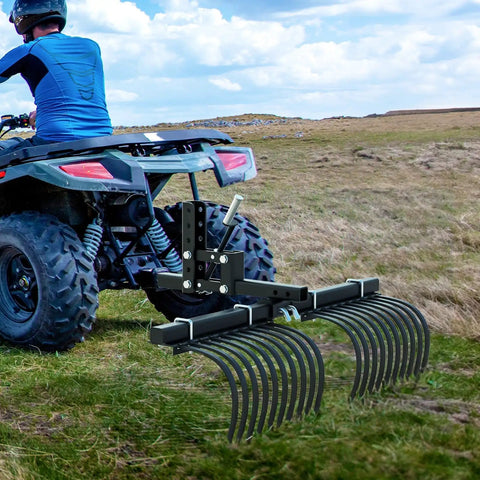 Heavy Duty ATV UTV Landscape Rake Attachment For Yard Cleanup And Land Grading With Rock, Grass Clump, And Debris Removal