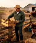 Mens Heavy Duty Mechanic Work Shirt With Custom Crew Logos Heavyweight Cotton Twill Button Up Long Sleeve Trade Ready Uniform used on a farm.