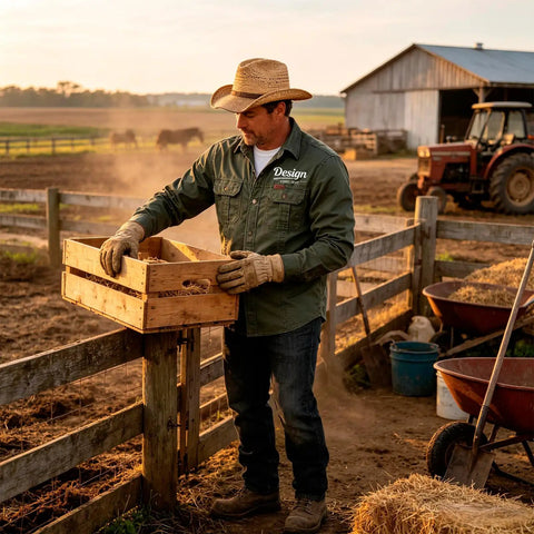 Mens Heavy Duty Mechanic Work Shirt With Custom Crew Logos Heavyweight Cotton Twill Button Up Long Sleeve Trade Ready Uniform used on a farm.