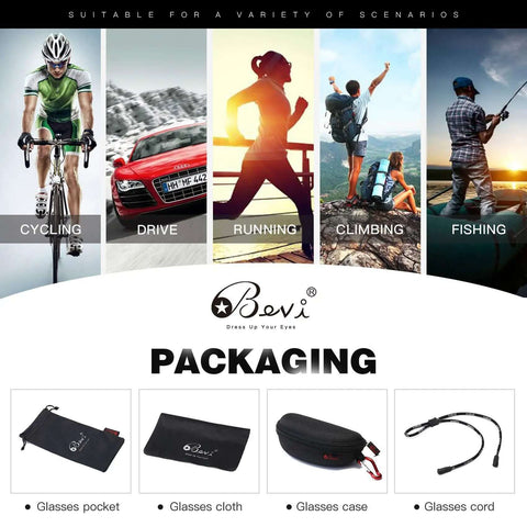 Cycling, driving, running, climbing, and fishing activities with packaging for Dope Polarized Sports Sunglasses TR90 Unbreakable Frame
