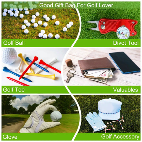 Collage of golf ball, divot tool, tees, wallet, glove, and cap related to Golf Accessory Bag Organizer With Carabiner Clip.