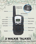 Close-up of a black walkie talkie with labeled buttons and features from an Outdoor Adventure Kit For Kids With Walkie Talkies, Binoculars, And Magnifying Glass.