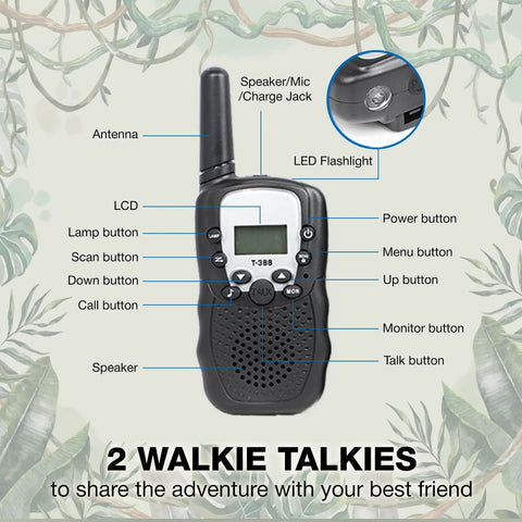 Close-up of a black walkie talkie with labeled buttons and features from an Outdoor Adventure Kit For Kids With Walkie Talkies, Binoculars, And Magnifying Glass.