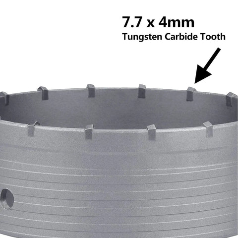 Heavy Duty Concrete Hole Saw 160 Millimeter 6.3 Inch With 220 Millimeter Sds Plus Shank Rod Tungsten Carbide Teeth, showing 7.7x4mm teeth.