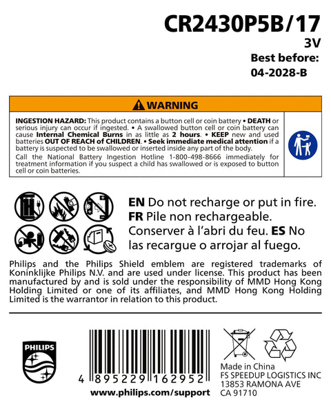 Warning label for Cr2430 3V Lithium Button Cell Batteries Five Pack Featuring Child Resistant Packaging And A Rock Solid Ten Year Shelf Life For Car Keys And Home Devices Running Smooth.