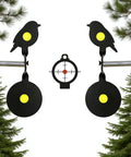 Two Pack Steel Spinning Targets Auto Reset For BB Guns And Air Rifles With Bird Silhouettes And High Visibility Bullseyes in a forest