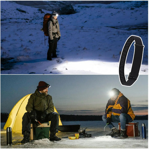 Elastic Headlamp Strap Replacement Band For Comfort Fit, 4 Pack shown during night camping and hiking activity with headlamps.
