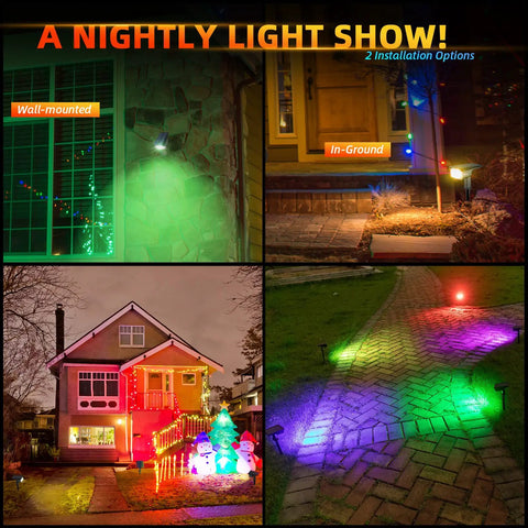 Lit Color Changing RGB Solar And USB Powered Outdoor Landscape Lights With 40 LEDs illuminating a yard and pathway at night