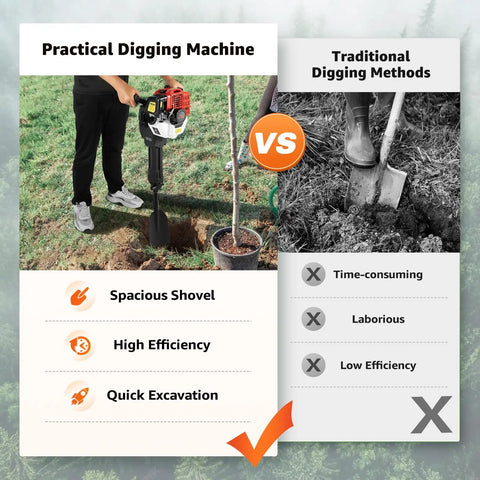 Comparison of Powerful 52Cc Two Stroke Trench Digger and traditional digging methods for garden and farm use