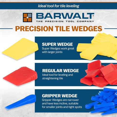 Precision Tile Wedges Set 450 Pack With Built In Gripper For Easy Removal Regular Wedges For Leveling First Row In Tub Installations And Straight Walls Durable Construction For Pro Tiling, showing red, yellow, and blue wedges.