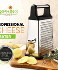 Extra Large Four Sided Stainless Steel Box Grater For Parmesan, Vegetables And Ginger, Dishwasher Safe, on wooden board