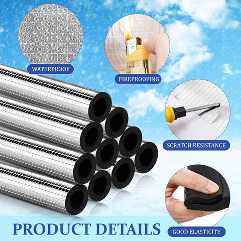 Stack of 30 Pack Pipe Insulation Foam Tubes Three Quarters Inch Self Adhesive Exterior Pipe Insulation Wrap with features icons