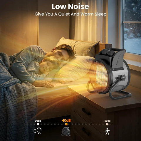 Portable 1500W PTC Ceramic Space Heater With Thermostat And 90 Degree Adjustable Angle on a nightstand beside sleeping couple