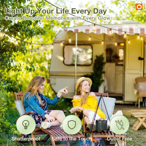 Women sitting near RV under 52 Ft Solar String Lights With Remote And USB Port Waterproof Patio Lights 16 Plus 1 Shatterproof LEDs.