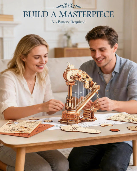 3D Wooden Puzzle Harp Music Box With Mechanical Movement Building Kit Dope Gears That Pluck Strings To Play Ave Maria on table
