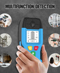 6-in-1 Stud Finder Wall Scanner Auto Shutoff LCD (Blue) held in hand, showcasing multifunction detection features and user interface