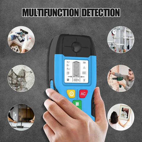 Close-up of 6-in-1 Stud Finder Wall Scanner Metal Detector Auto Shutoff LCD(Blue) in use for multifunction detection.