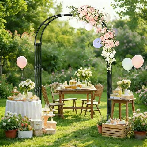 Adjustable Garden Arch Trellis 4.9x8.5 Ft Metal Outdoor Arbor For Climbing Plants, flower-decorated in a backyard setting