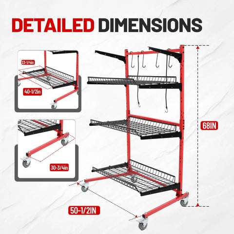 Heavy Duty Steel Rolling Parts Rack For Auto Body Shops Three Shelf Cart With Locking Casters, detailed dimensions shown