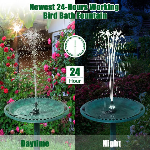 24 Hour Continuous Bird Bath Fountain Pump With Light And 7 Nozzles For Varied Spray Patterns Sixteen Foot Power Cord And Adapter
