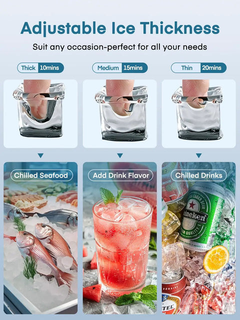 Image showing ice cubes of different thicknesses and uses for the Beast Mode Ice Maker For Home Bar, 100 Lbs Per Day.