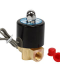 One Quarter Inch NPT Brass Electric Solenoid Valve AC 110V Normally Closed, side view with wires and red caps