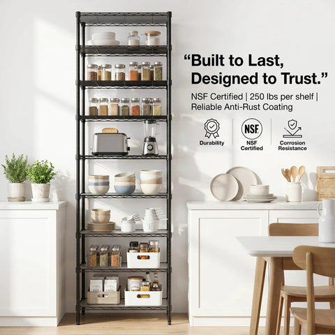 Level Up Your Home Organization Game With This Adjustable 9 Tier Steel Wire Shelving Rack, 81 Inch Tall Heavy Duty Extra Large Capacity Storage Unit, Black