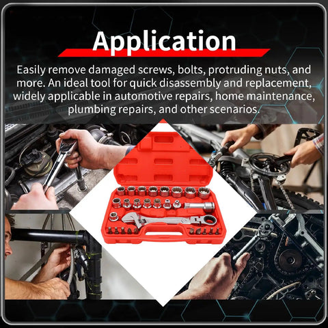 Pass Through Socket Set With Three Eighths And One Half Inch Drive Sockets 72 Tooth Reversible Ratchet Tool Kit in use
