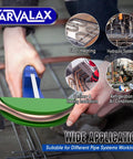 Front view of CAVALAX 90° ratcheting tube bender kit with blue handle and colorcoded aluminum heads for 1/4"–7/8" pipes.