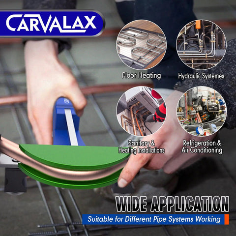 Front view of CAVALAX 90° ratcheting tube bender kit with blue handle and colorcoded aluminum heads for 1/4"–7/8" pipes.