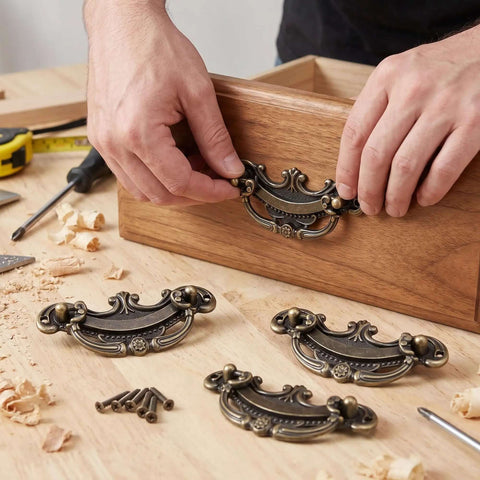Hands installing Antique Brass Drop Bail Drawer Pulls 3.5 Inch Center To Center With Vintage Cabinet Pulls on wooden dresser.