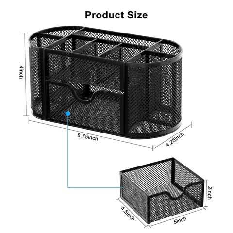 Mesh Pen Holder Desk Organizer With Drawer Nine Compartment Stationery Organizer For Dorm School Or Office Black Durable Iron Construction