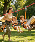 Zip Line Kit Quick Tighten Outdoor Play Set For Kids Teens And Adults in use at a park with two kids harnessed on slack line.