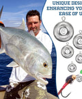 Man holding fish with 24 Piece Disc Sinker Set for Saltwater Fishing Catfishing Trolling and Surf Tackle shown, 6 oz weight detail.