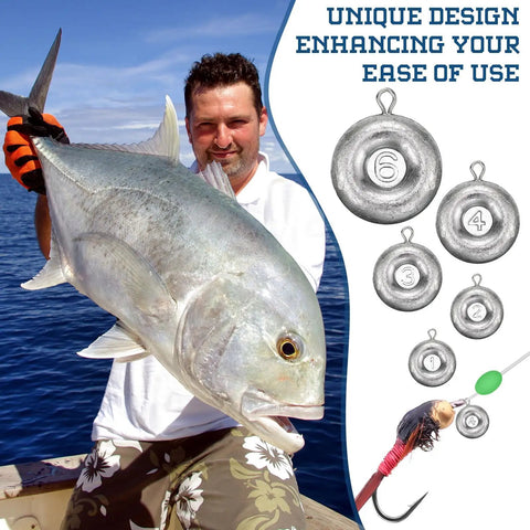 Man holding fish with 24 Piece Disc Sinker Set for Saltwater Fishing Catfishing Trolling and Surf Tackle shown, 6 oz weight detail.