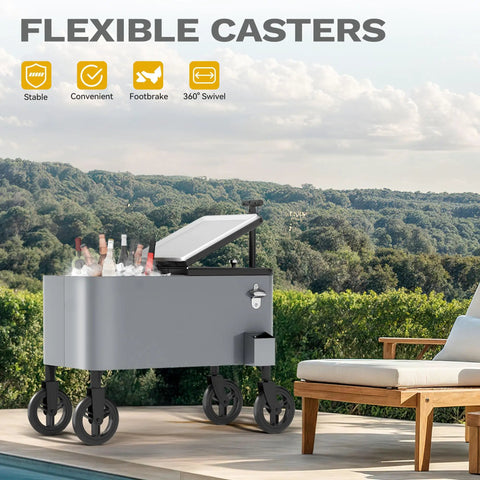 80 Quart Outdoor Rolling Ice Chest Wagon Cooler Cart With XL Wheels For Beach Patio And Parties Long Handle Beverage Cooler On Wheels For Easy Transport next to a pool with flexible casters and open lid showcasing bottled drinks.
