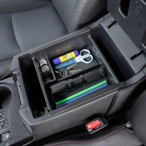 Center Console Organizer For Toyota 4Runner And Kia Telluride 2010 To 2024, ABS tray with items inside, installed in car armrest storage.