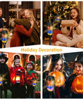 Festive scenes with people celebrating indoors and outdoors with lit Six Pack Solar Torch Lights With Colorful Flickering Flames.