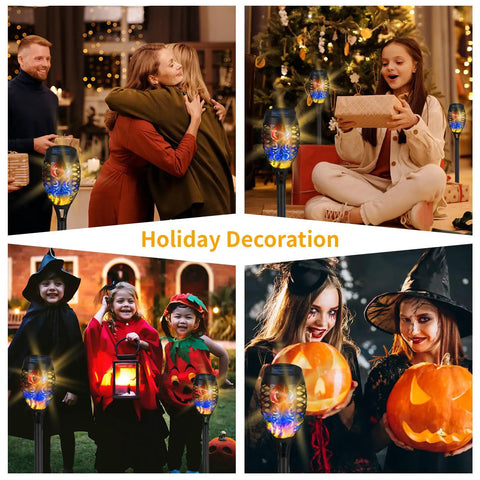 Festive scenes with people celebrating indoors and outdoors with lit Six Pack Solar Torch Lights With Colorful Flickering Flames.