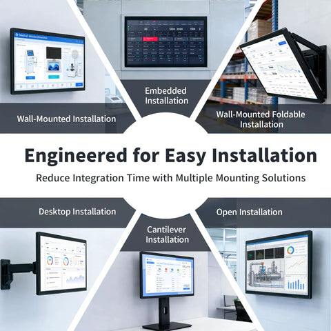 15.6 Inch All In One Industrial Panel PC with Android 12 fanless RK3399 shown in various mounting setups