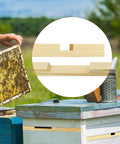 12 Pack Wooden Beehive Entrance Reducers for 10 Frame Hives, close-up of wooden entrance piece on a beehive.
