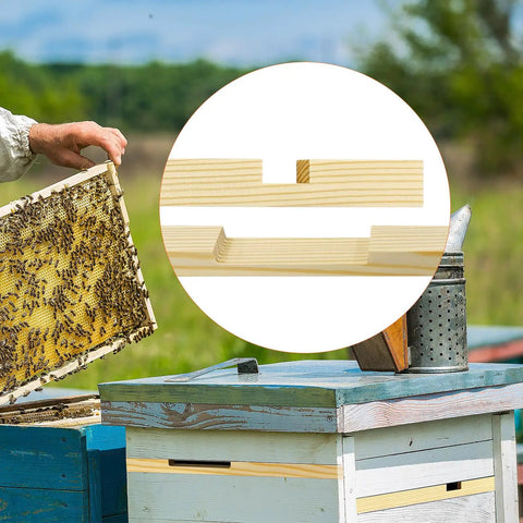 12 Pack Wooden Beehive Entrance Reducers for 10 Frame Hives, close-up of wooden entrance piece on a beehive.