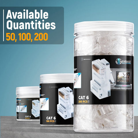 Cat6 RJ45 Pass Through Ethernet Connectors 200 pack in clear containers for solid or stranded UTP cable, high performance.
