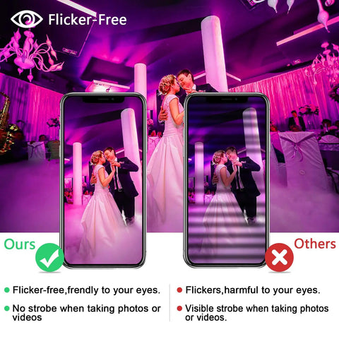 Outdoor 25W RGB LED Flood Lights 4 Pack With Remote Control Color Changing Patio Uplights Waterproof IP66 For Events Parties And Stage Lighting Timed Modes To Get Totally Lit Vibes shown in smartphone displays for flicker comparison, wedding dance