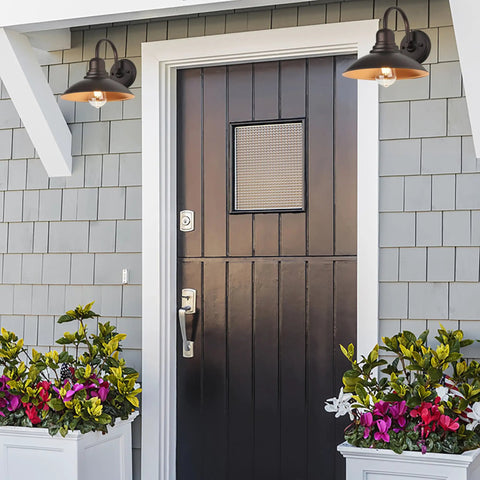 Two Pack Oil Rubbed Bronze Outdoor Wall Sconces With Clear Seedy Glass Farmhouse Exterior Light Fixtures 13.25 Inch Porch Barn Patio Doorway Entryway Lighting Built Tough Weatherproof Outdoor Use above black door with flowers